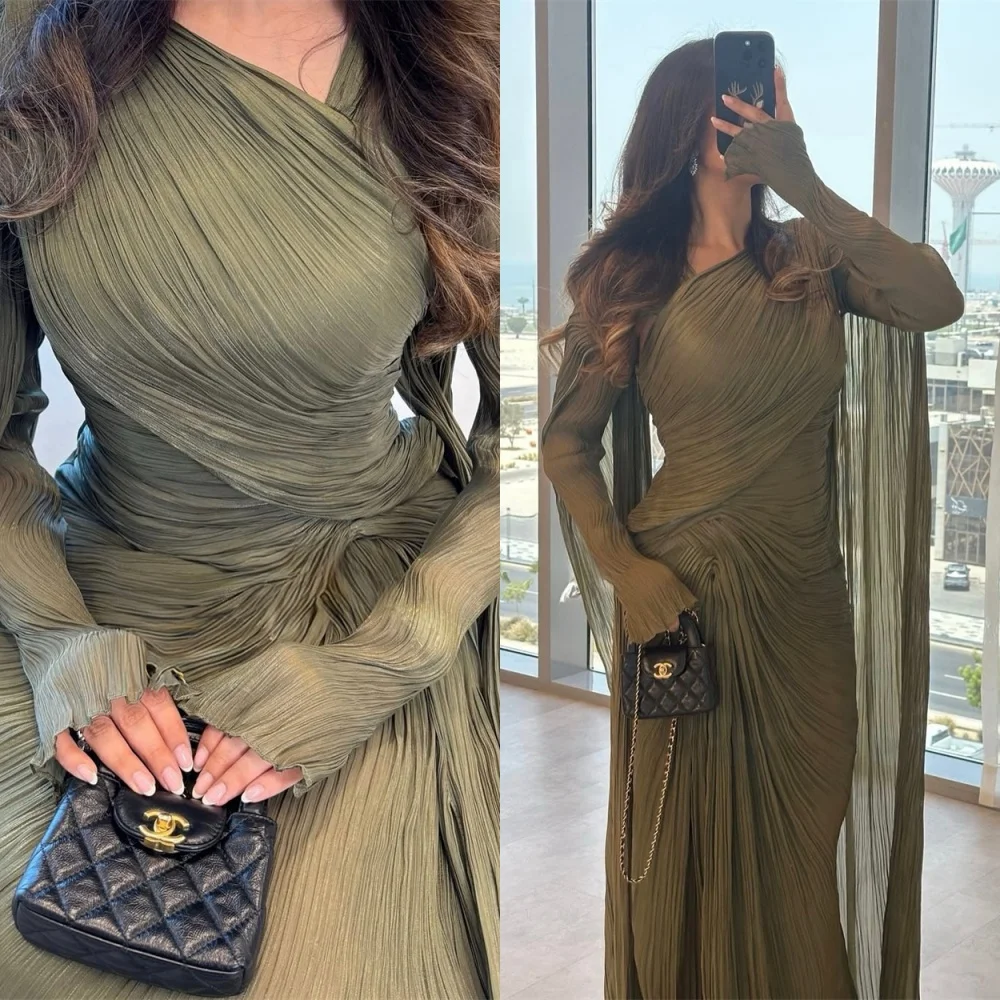 

Customized Exquisite Green Evening Dress High Quality Long Sleeves Homecoming Dresses Modern Court Train Vestido De Festa