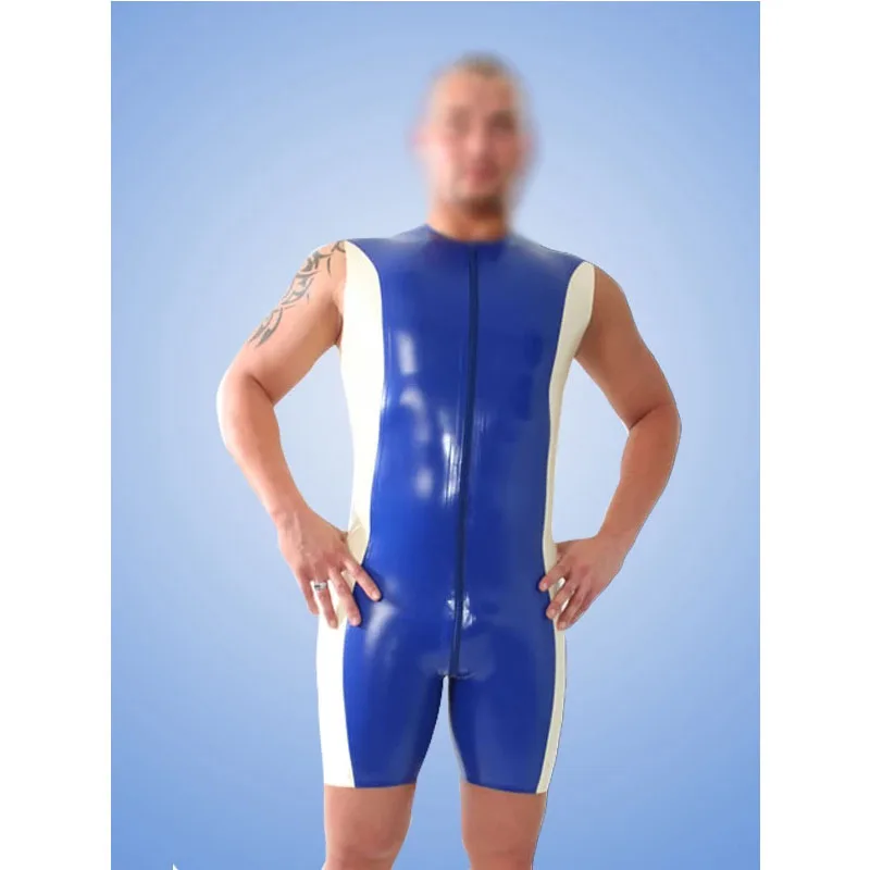 Men's 100% Latex Rubber Gummi 0.40mm Bodysuit Rubber Short Sleelves Jumpsuits Suit Catsuit Zipper