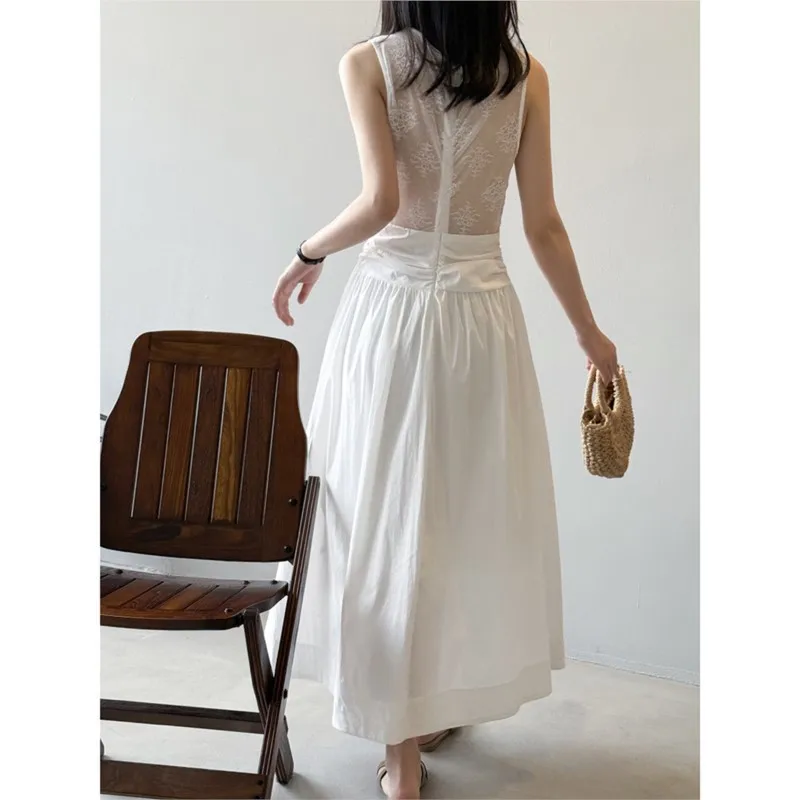 

Johnature French V-neck Lace Sheer Backless Dress 2025 Summer New Cinched Waist Slim Sleeveless Simple Women Dresses
