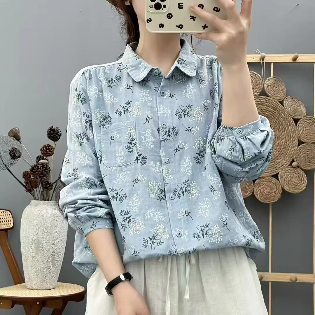 جديد 2025 قميص خريفي بأكمام طويلة من غزل القطن ، طباعة ياقة مقلوبة للسيدات ، بلوزة فضفاضة أنيقة من Mori Girl Sweet Prairie T58023CC