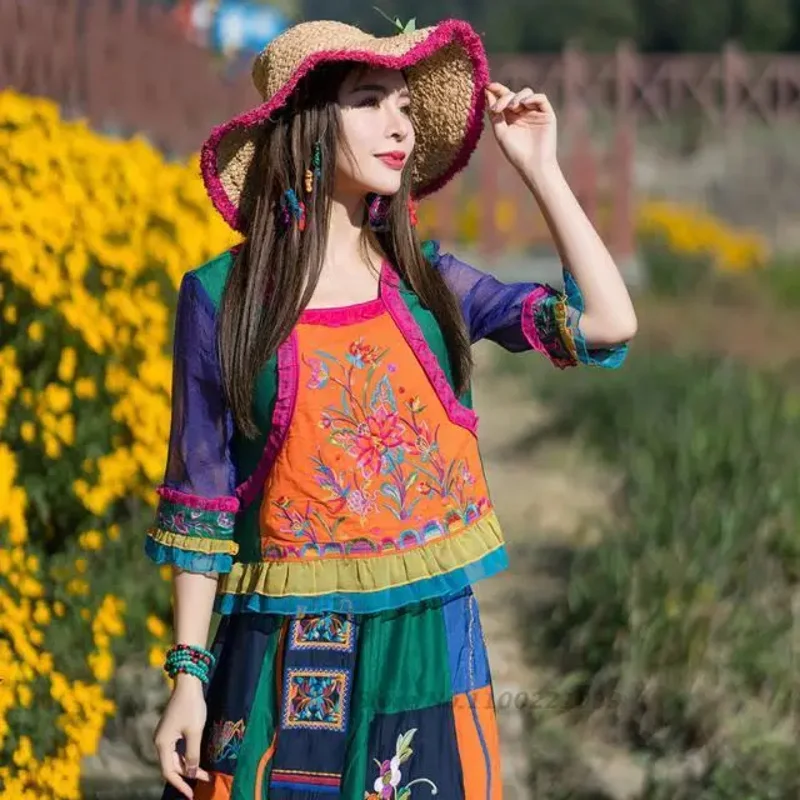 

2025 chinese vintage hanfu tops traditional flower embroidery chiffon blouse ethnic patchwork folk blouse oriental streetwear