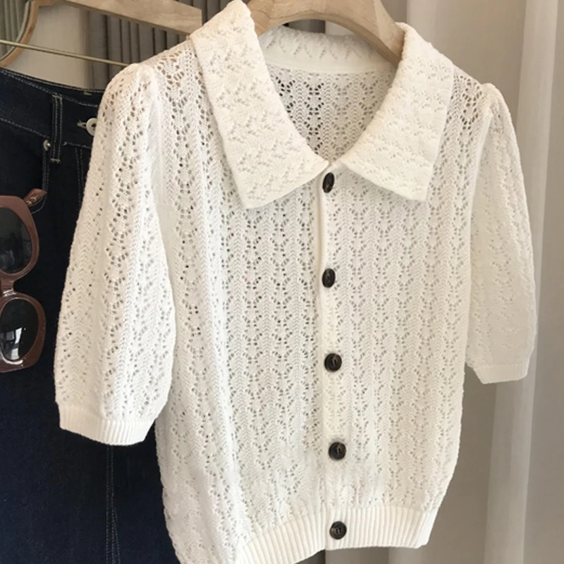 Cardigan Women French Style Laziness Hollow Out Thin Knitted Short Sleeve Summer Fashion Vintage Casual All-match Temperament
