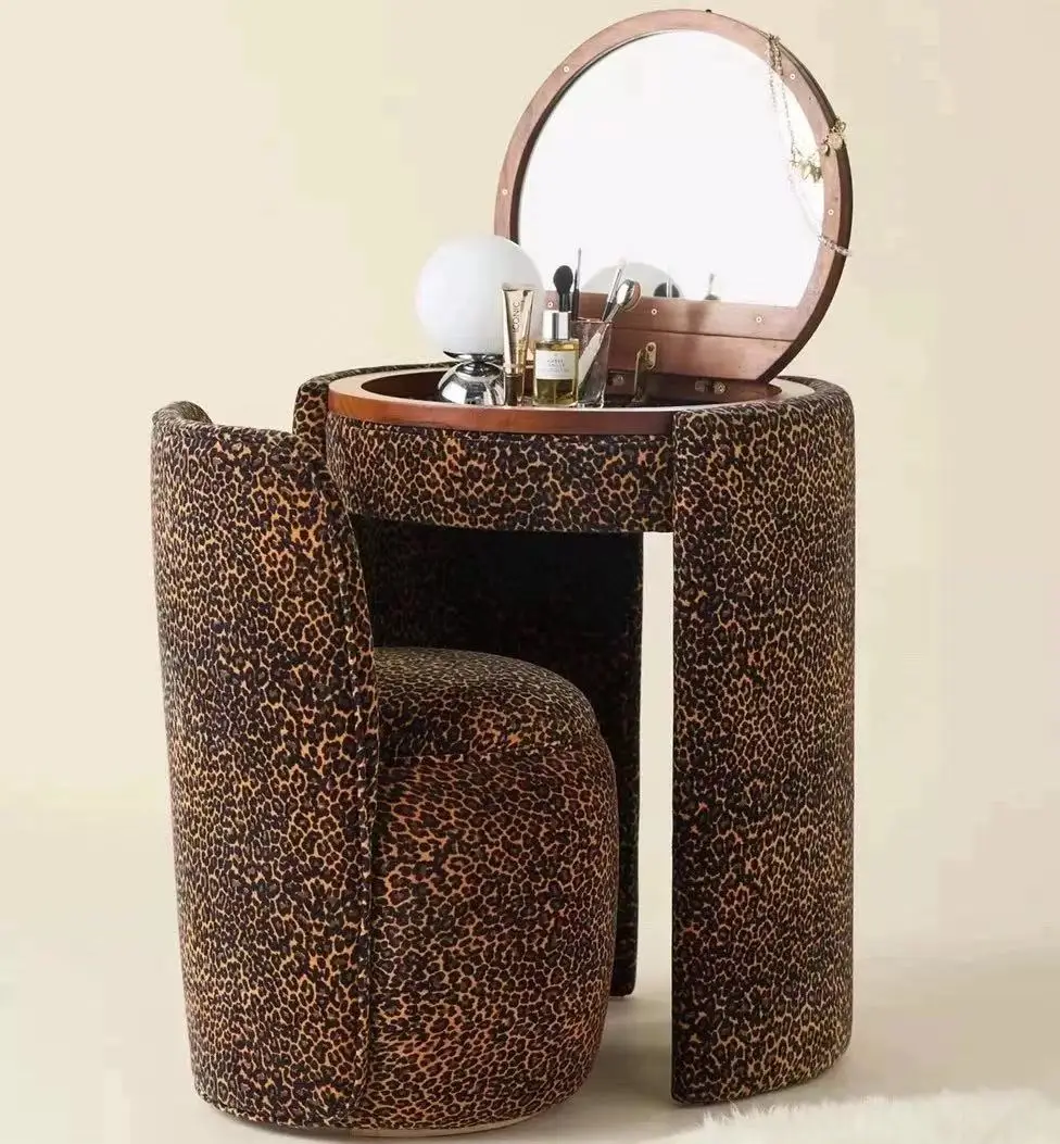 Luxury vintage antique upholstered makeup dresser with foldable mirror and stool set, wooden corner dresser
