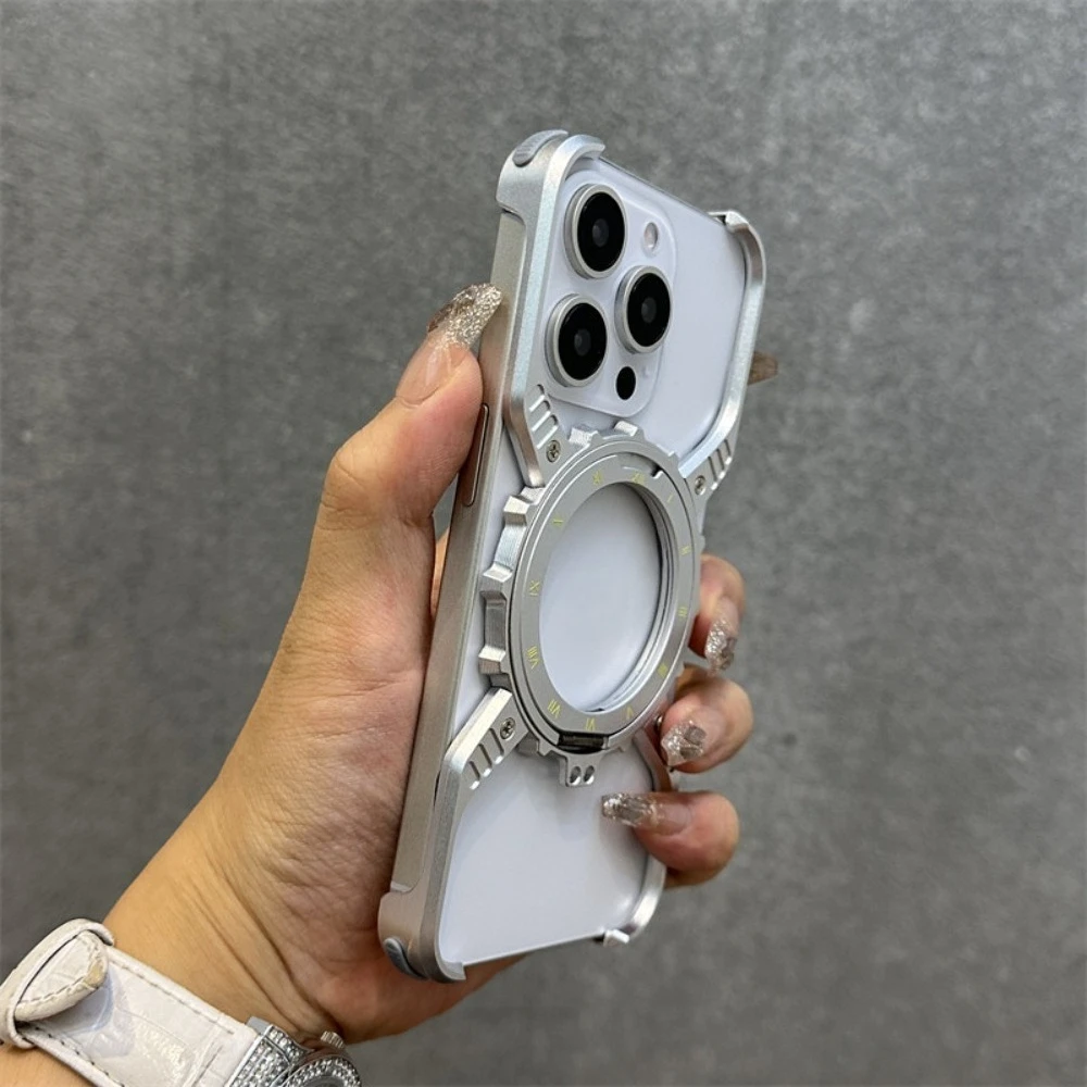 

For iPhone 16 Pro Max Case Silver Aluminum Alloy Frameless Ventilated Rotating Stand Magnetic Compatible with iPhone 15 14 13