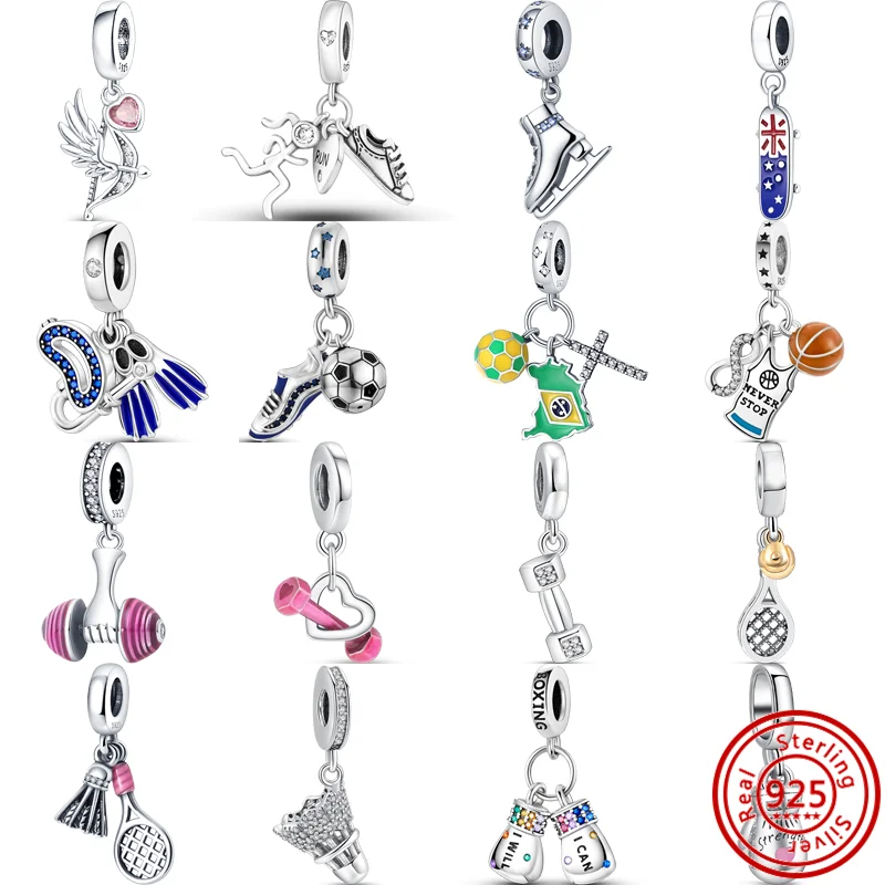 

925 Silver Diving Suit Badminton Boxing Gloves Dumbbells Football Skate Sports Charm Beads Fit Pandora Original Bracelet Jewelry