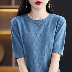 2023 new 100% cotton women's short-sleeved round neck knitted pullover women's short-sleeved loose fashion T-shirt top
