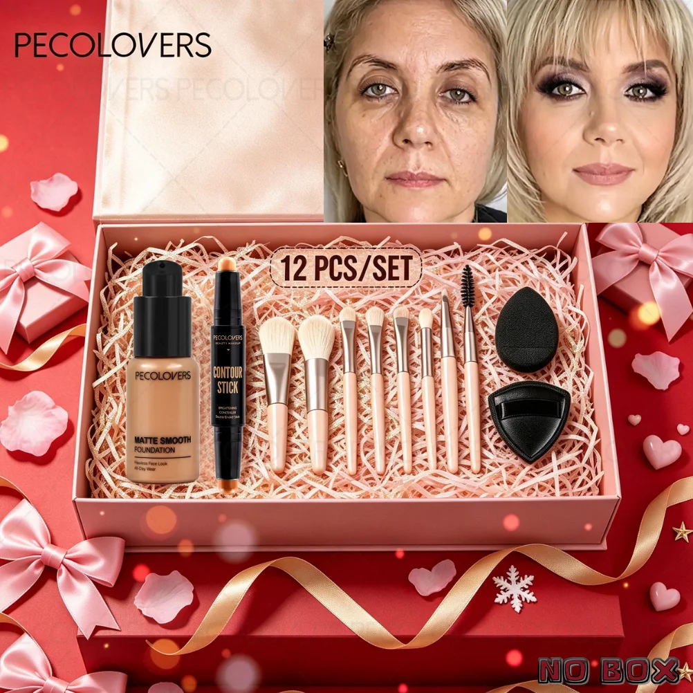 12pcs/set Liquid Foundation with Puff+Dual-Color Concealer Stick+Puff+Brushes Set, Matte Misty Finish,Lona Lasting