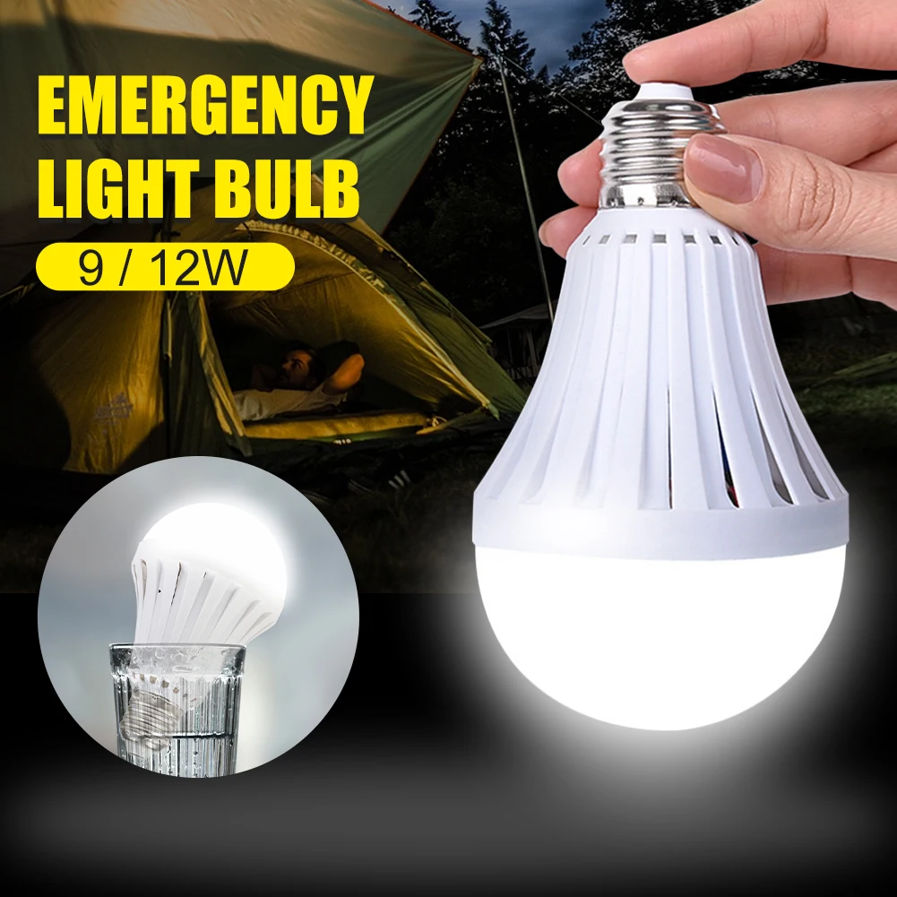 Emergency Rechargeable Light Bulb E27 9W/12W LED Light Bulb for Power Outage with Hook Switch for Home Camping Outdoor Activity