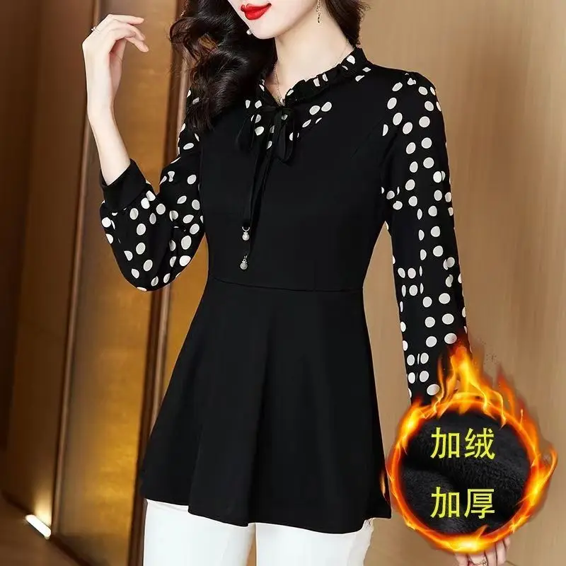 Long Sleeved Polka Dot Top for Spring and Autumn New Style for Slimm Casual and Age Reducing Medium to Long Length Base Shirt