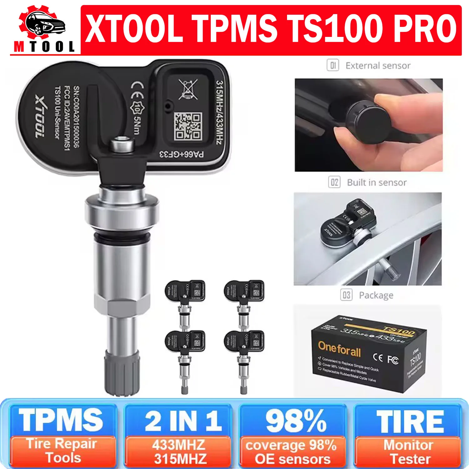 

Original XTOOL TS100PRO Sensor 315MHz 433MHz TPMS Sensor Tire Repair Tool TPMS Scanner Pressure Monitor Tester Fit TP150 IP819TP