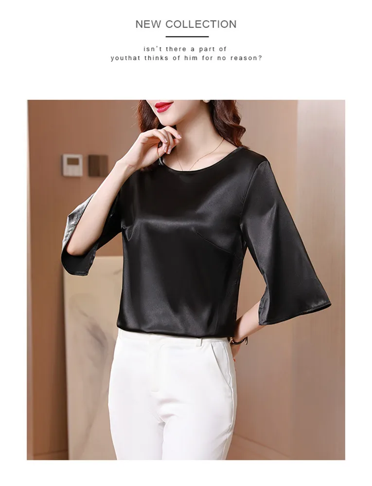 2026 Spring and Autumn New All-match O-neck Three-quarter Flared Sleeve Acetate Satin Blouse tops Basic Simple Ice Silk Shirts