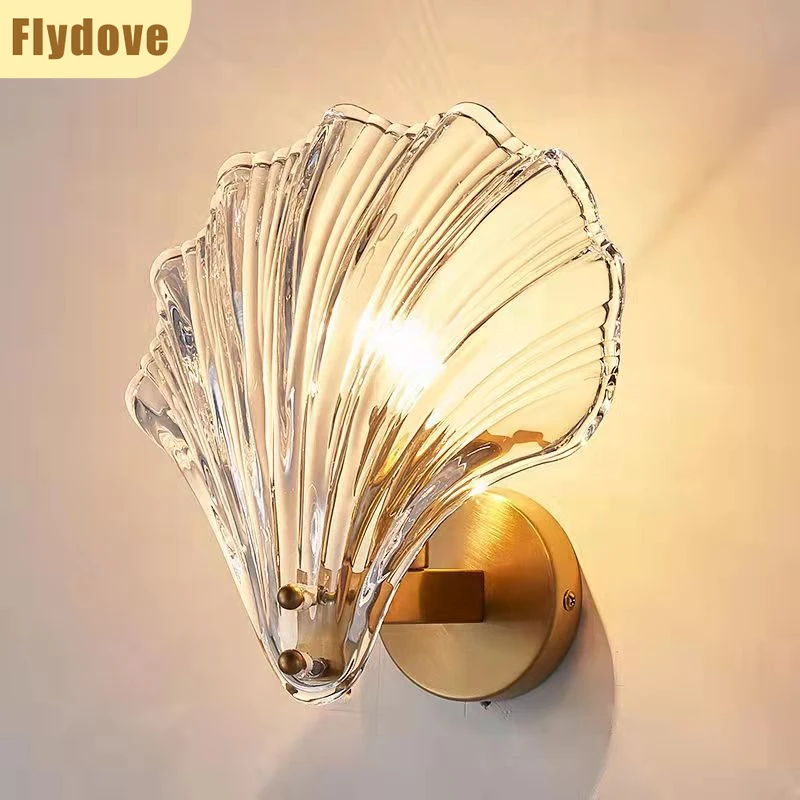 

American Modern LED Wall Lamp Creative Shell Glass Lampshade Bedroom Bedside Staircase Home Interior Lighting Decoration Lamp