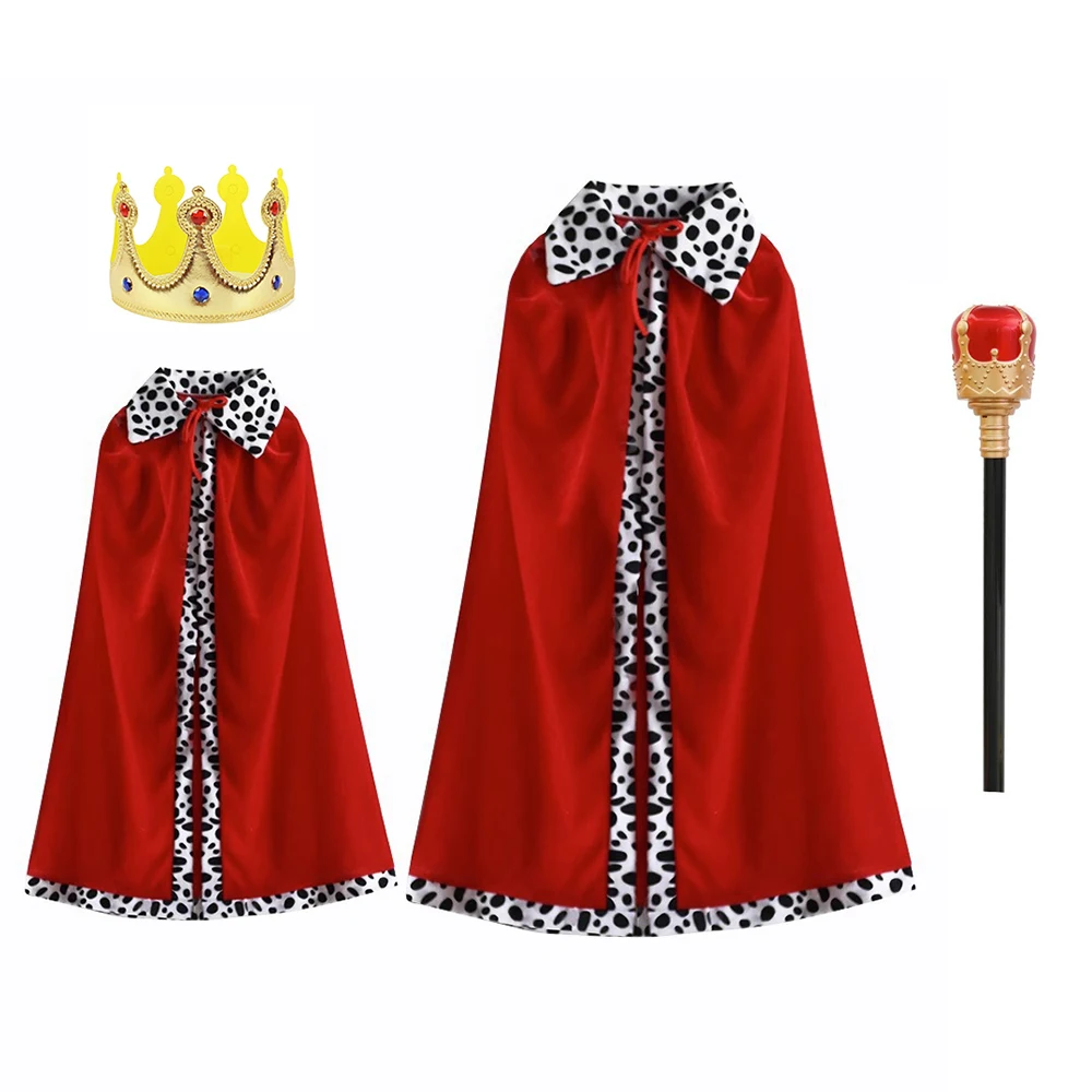 King Costume for Kids Aldult Red Cloak Robe Crown Boys Royal Prince Cape Halloween Cosplay Dress Up