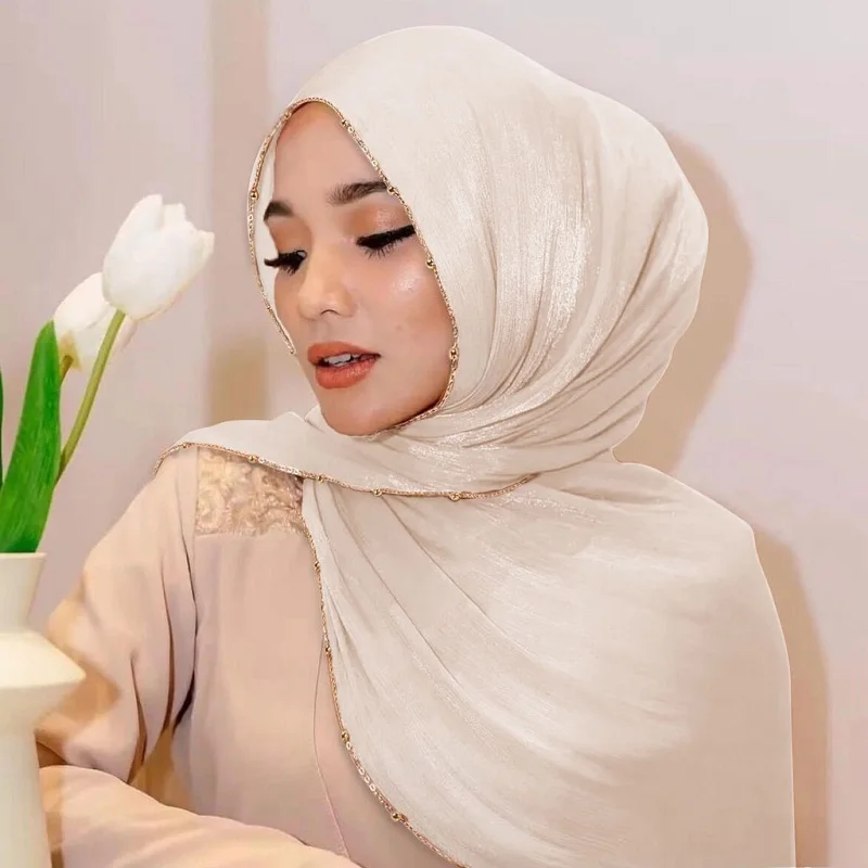 New Beading Silk Crinkle Hijab Scarf Women Shimmer Shawls Plain Muslim Women Hijabs Islam Turban Pleated Scarf Ramadan view 2