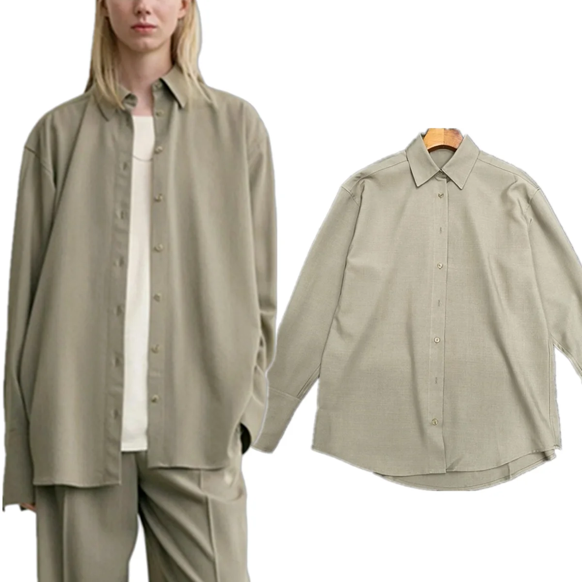 

Dave&Di Fashion Lady Elegant Khaki Shirts & Blouses Women's Clothes Shirts Tops Spring Autumn Turn-Collar Single-Breasted Shirt
