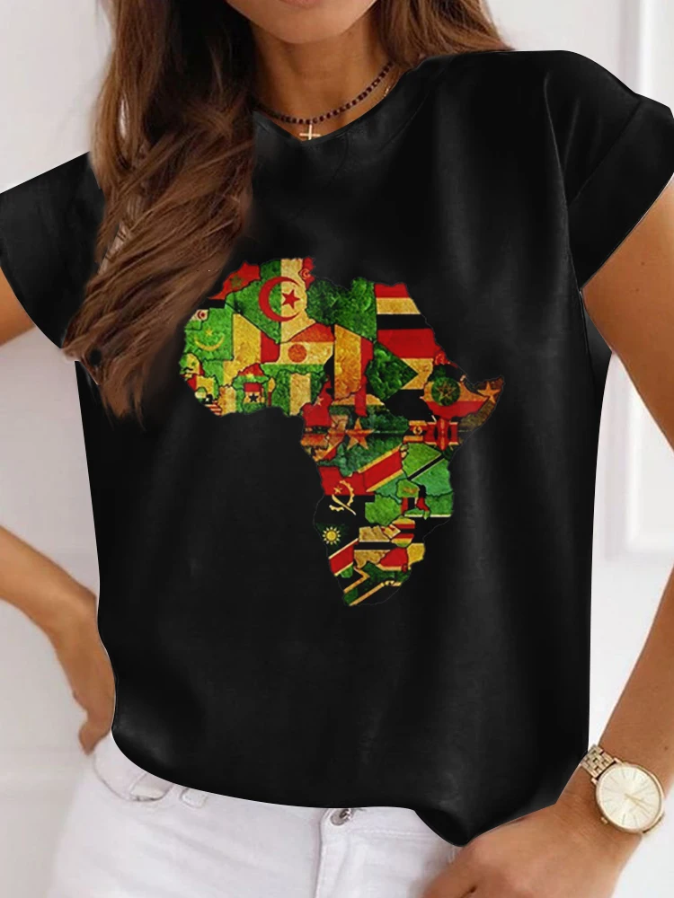 Outono verão preto t topo impressão africano engraçado verão roupas das senhoras casual manga curta camiseta t camisa o-pescoço solto