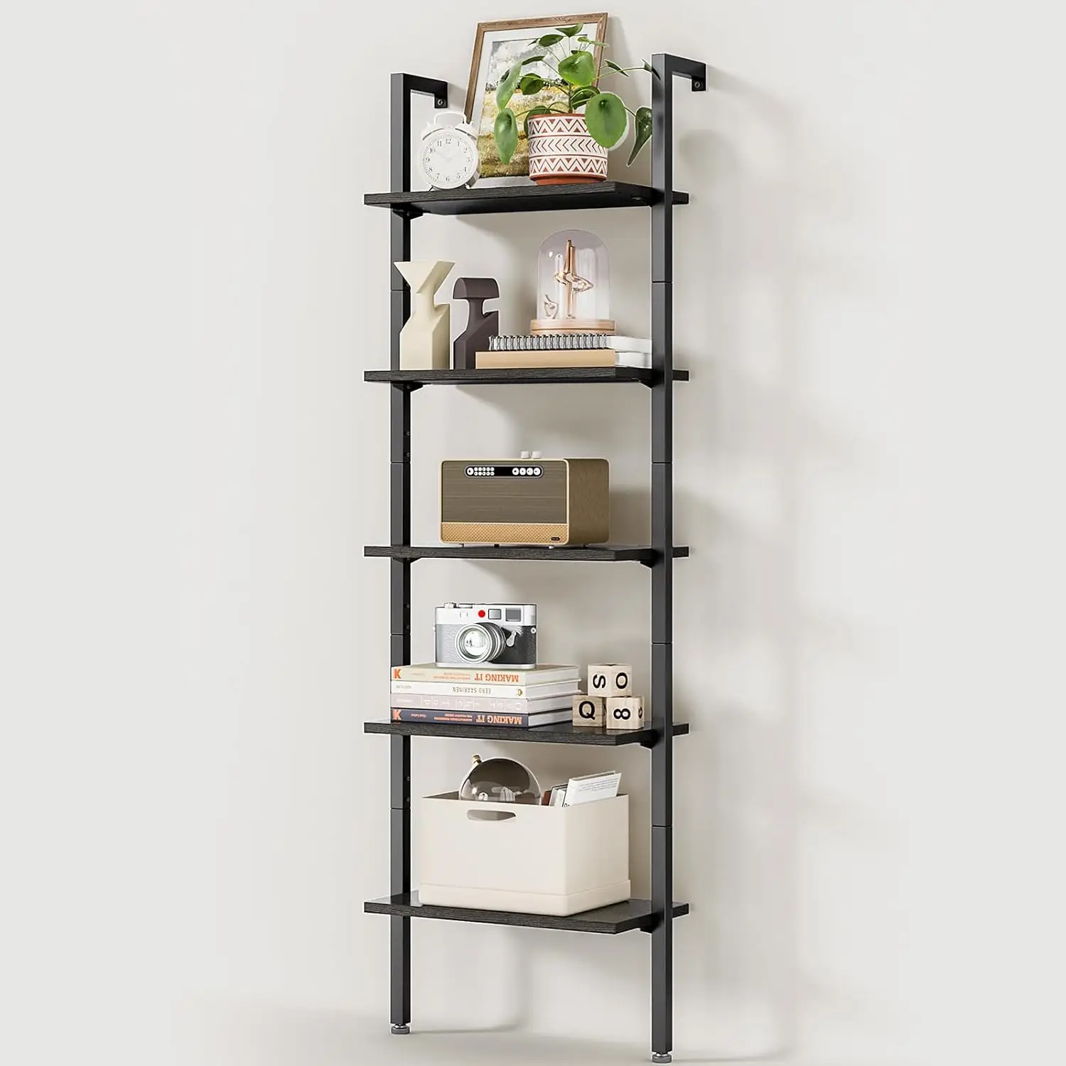 5 Tier Black Bookshelf, 72 Inch Wall Mounted Book Shelf with Metal Frame, Ladder Bookshelf Bookcase for Bedroom