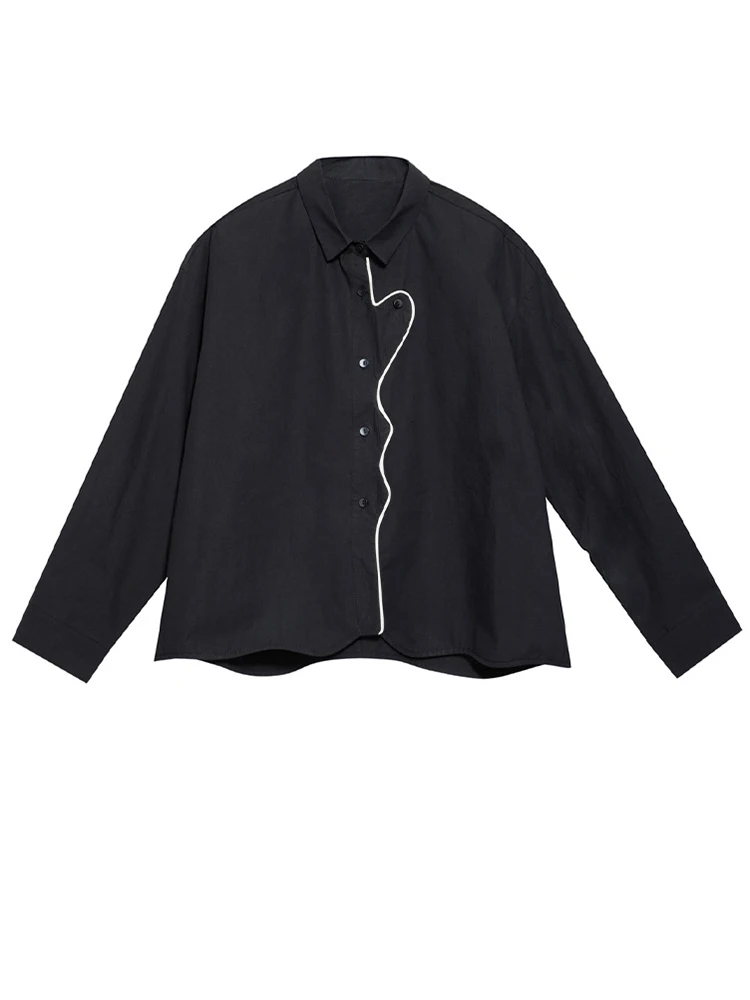 [EAM] Women Black Color-block Big Size Blouse New Lapel Long Sleeve Loose Fit Shirt Fashion Tide Spring Autumn 2024 1DH0843