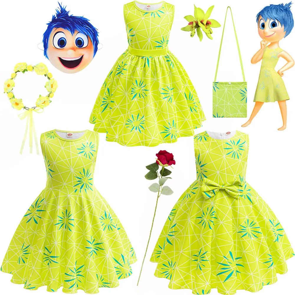 

Inside Out 2 Disgust Dress For Baby Girls Movie Halloween Carnival Joy Cosplay Costume Flower Pattern Vetidos Party Dress Wig