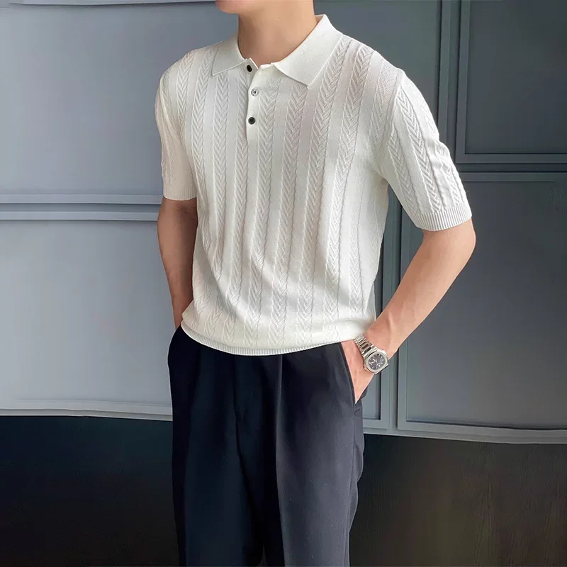 

Pop 2025 New Fashion Summer Men's Loose Casual Trendy Solid Color Turn-down Collar Short Sleeve Button Pullover T-shirt Male Clo