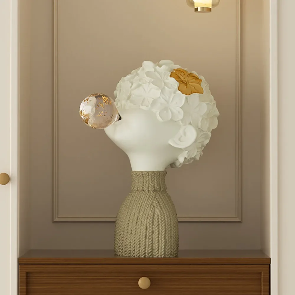 Creative Nordic Flower Boy Blowing Bubble Statue Resin Figurine Modern Home Decor Ornament For Living Room Bedroom Desk Art Craf