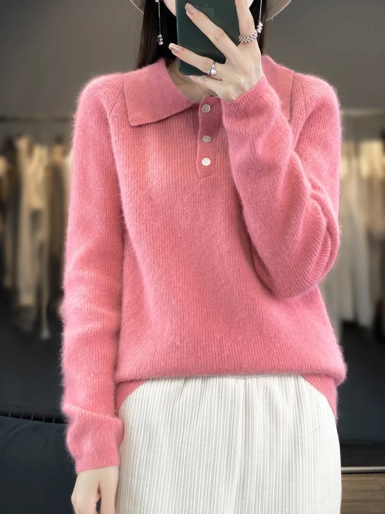 Aliselect wanita 100% Mink kasmir Sweater musim dingin musim semi Pullover baru rajutan PoLo leher kemeja atasan padat pakaian kasual