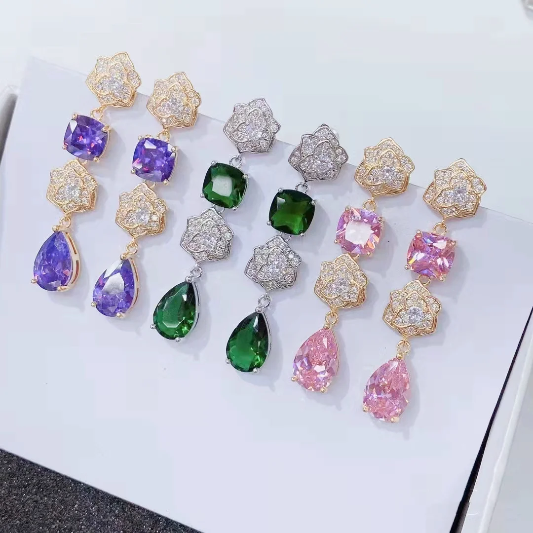 

Серьги-подвески из серебра 925 пробы в форме цветка с разноцветными фианитами, с грушевидными камнями, роскошные свадебные украшения для женщин