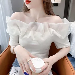 Camiseta de manga corta con hombros descubiertos para mujer, Tops blancos con volantes de retazos de malla Sexy, camiseta elegante ajustada coreana para mujer 2023