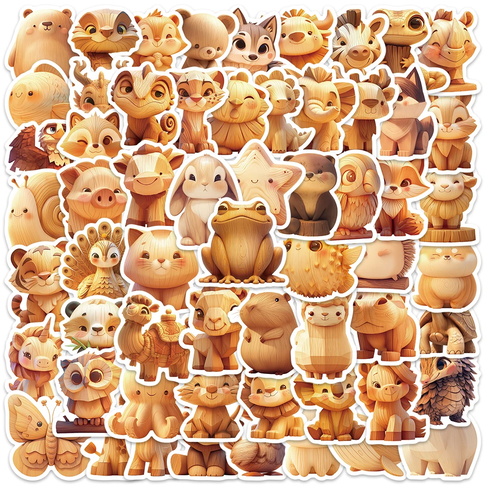 60pcs Cute Cartoon Wood Carving Animals Stickers Kids Aesthetic Water Bottle Sticker Luggage Laptop Diary Waterproof Vinyl Decal