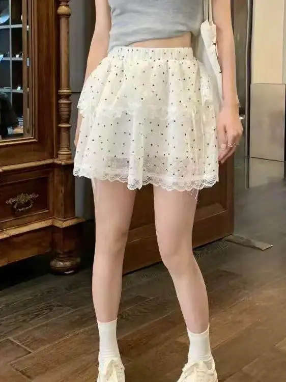 Sweet Lace Short Skirt Women's High Waist A-Line Puffy Cake Skirt Polka Dot Skirt Summer New Arrival  Skirt