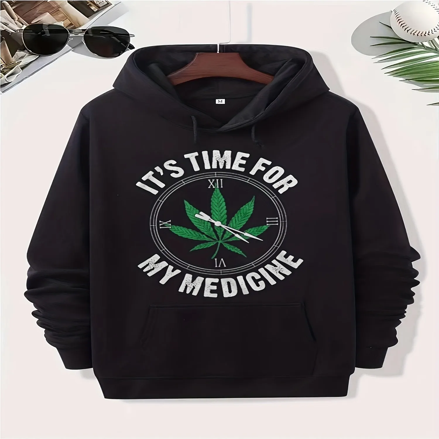 Men's Women's 420 Hoodie - _It's Time for My Medicine_ Leaf Clock Graphic, Black Retro Streetwear Sweatshirt with Kangaroo Pocket, 4_20 Design, Unisex Fit for Weed Culture Apparel unisex hoodie, long sleeve hoodie