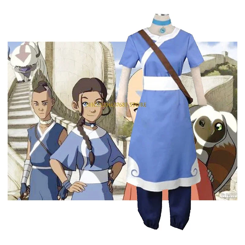 Anime Katara Cosplay Blue Long Dress Costumes Avatar The Last Airbender Cosplay Costumes Halloween Female Suit Set Clothing