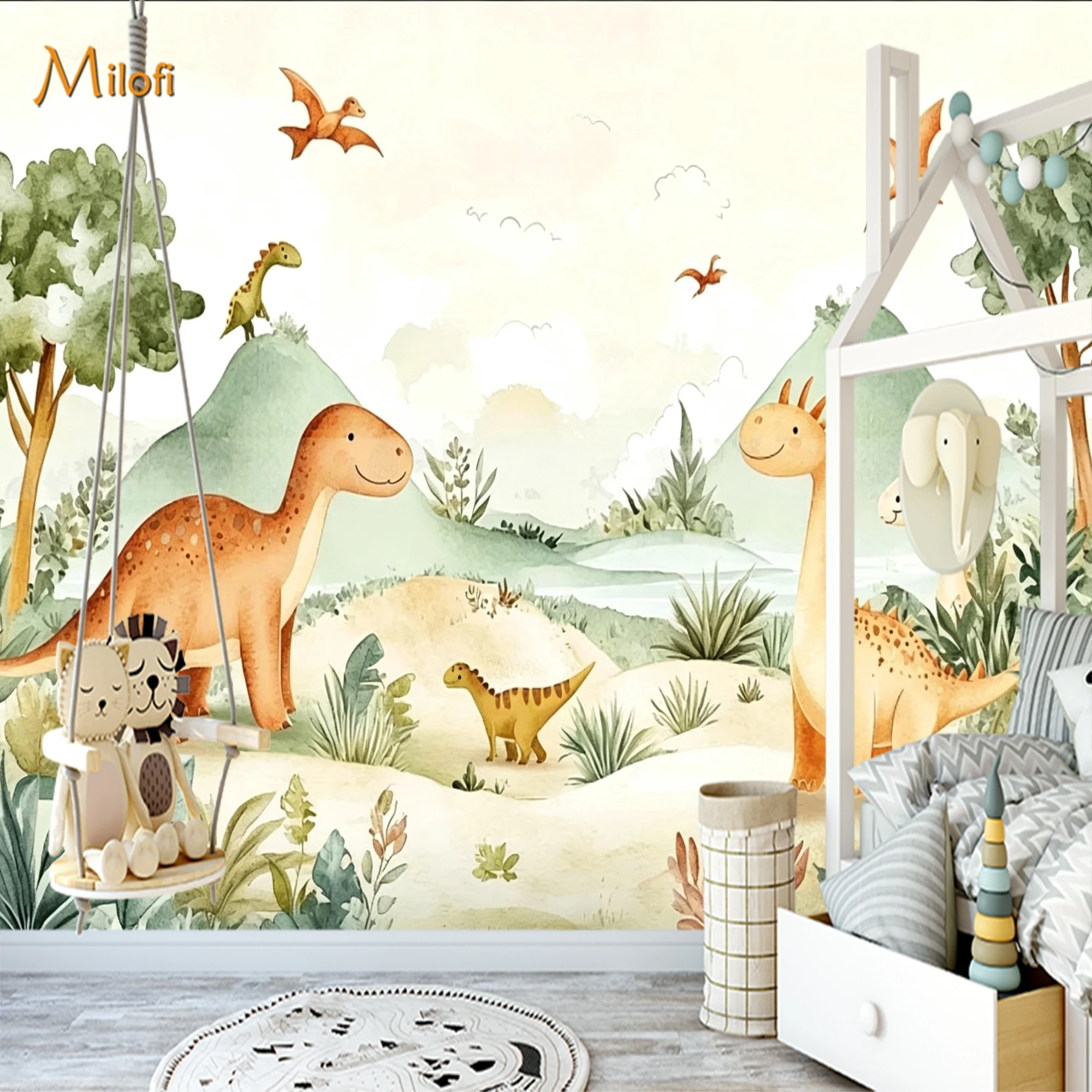Custom Watercolor Dinosaur Wallpaper Mural, Cute Prehistoric Animal Wall Covering for Kids Bedroom Nursery Decor