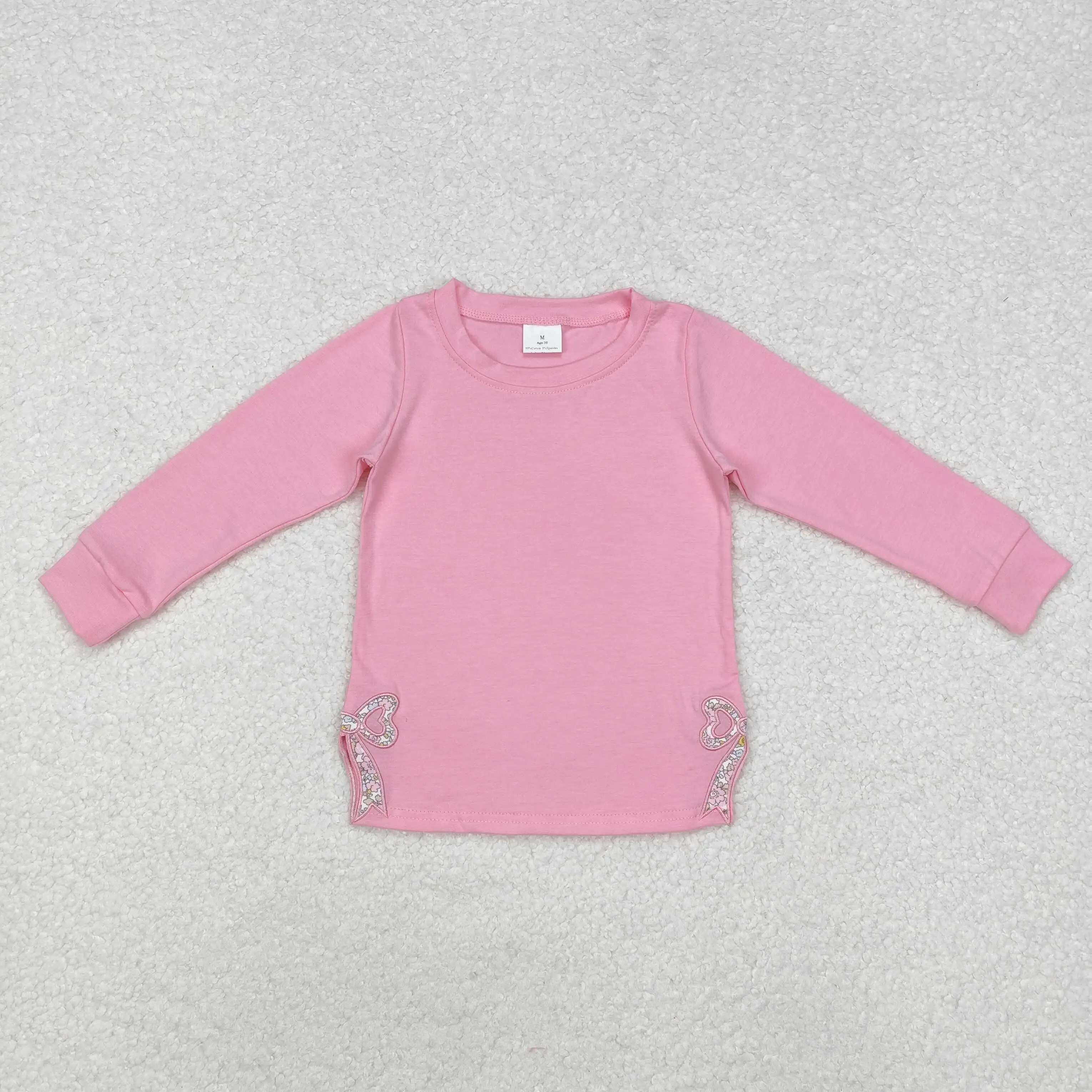 

New rts infant girls pure cotton pink tops wholesale boutique embroidered bow girls fashion shirts