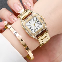 2PCS Fashion Square Women Watches Luxury Rhinestone Steel Band Ladies Quartz Watch Bracelet Set Reloj Mujer（Without Box）