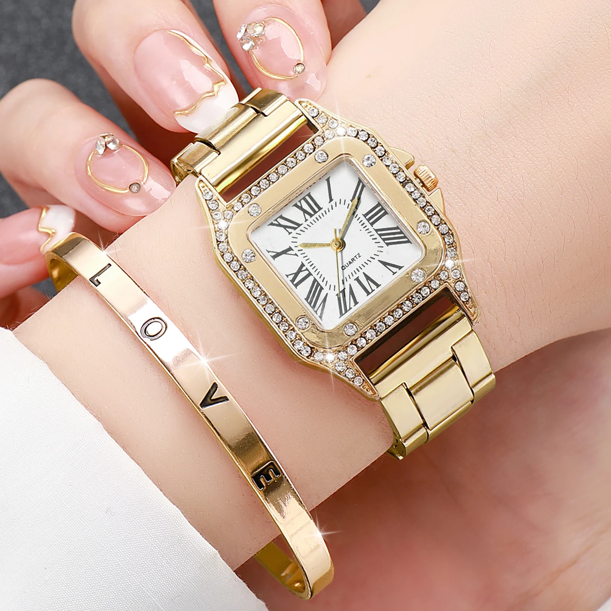 2PCS Fashion Square Women Watches Luxury Rhinestone Steel Band Ladies Quartz Watch Bracelet Set Reloj Mujer（Without Box）