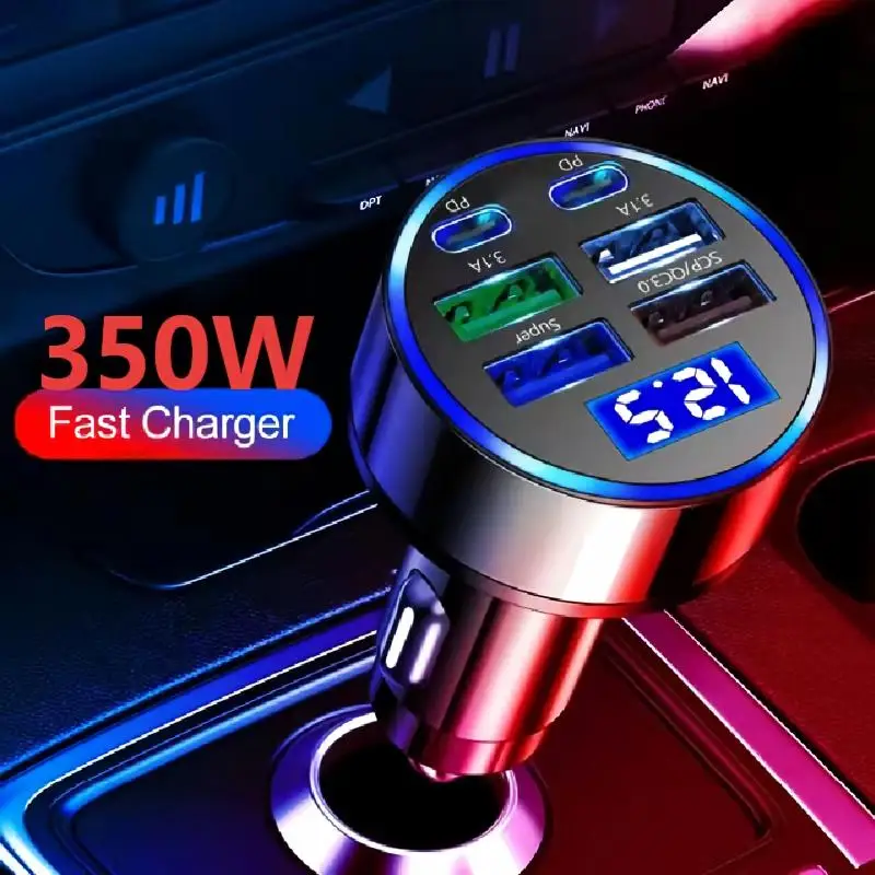 Fast 350W Quick Charging USB Car Fast Charger 6 Port PD QC3.0 USB C Car Phone Charger Type C Adapter For iPhone Samsung Huawei