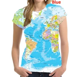 Women Fashion World Map 3d Printing T-shirt Funny Summer Tops Women's Short Sleeved Novelty T Shirt Round Neck Casual Blouse