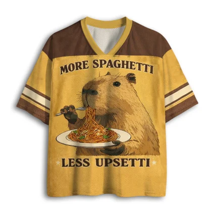 Cute Capybara Eating Spaghetti Print Mesh Jersey V Neck Short Sleeve T-shirt