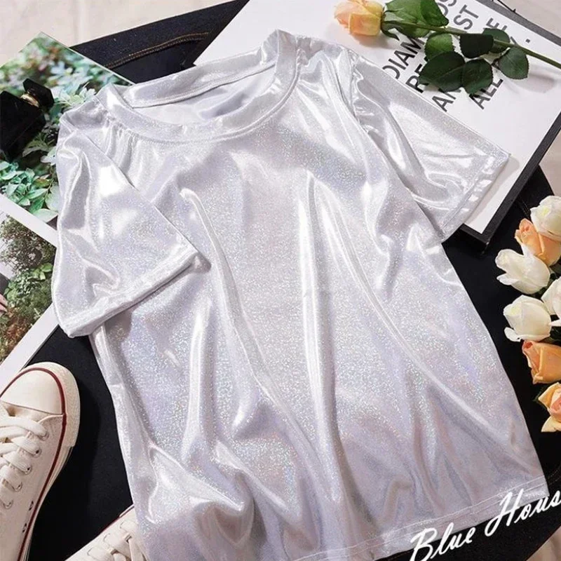 S-4XL para mujer, camiseta holográfica metálica brillante con cuello redondo, manga corta, Top holgado informal, camiseta para fiesta y Festival,