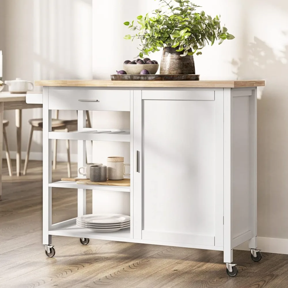 Modern Rolling Kitchen Island Utility Cart with a Drawer, Storage Cabinet, Handle Towel Rack, Rubber Wood Top, and Caster Wheels