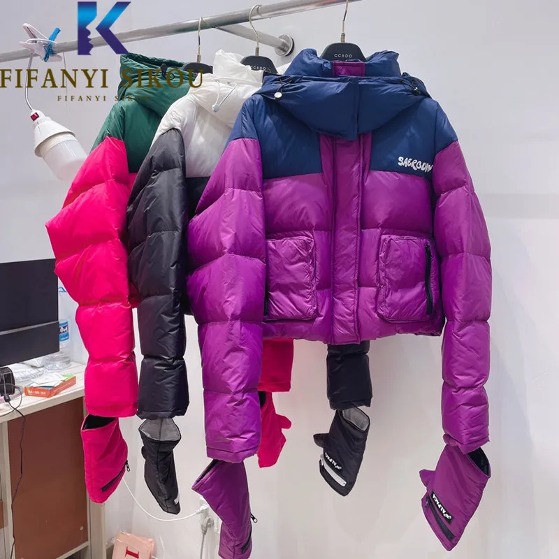 Retalhos para baixo jaquetas femininas com capuz curto parkas bolso moda luva emendado solto algodão acolchoado casaco casual jaqueta de inverno