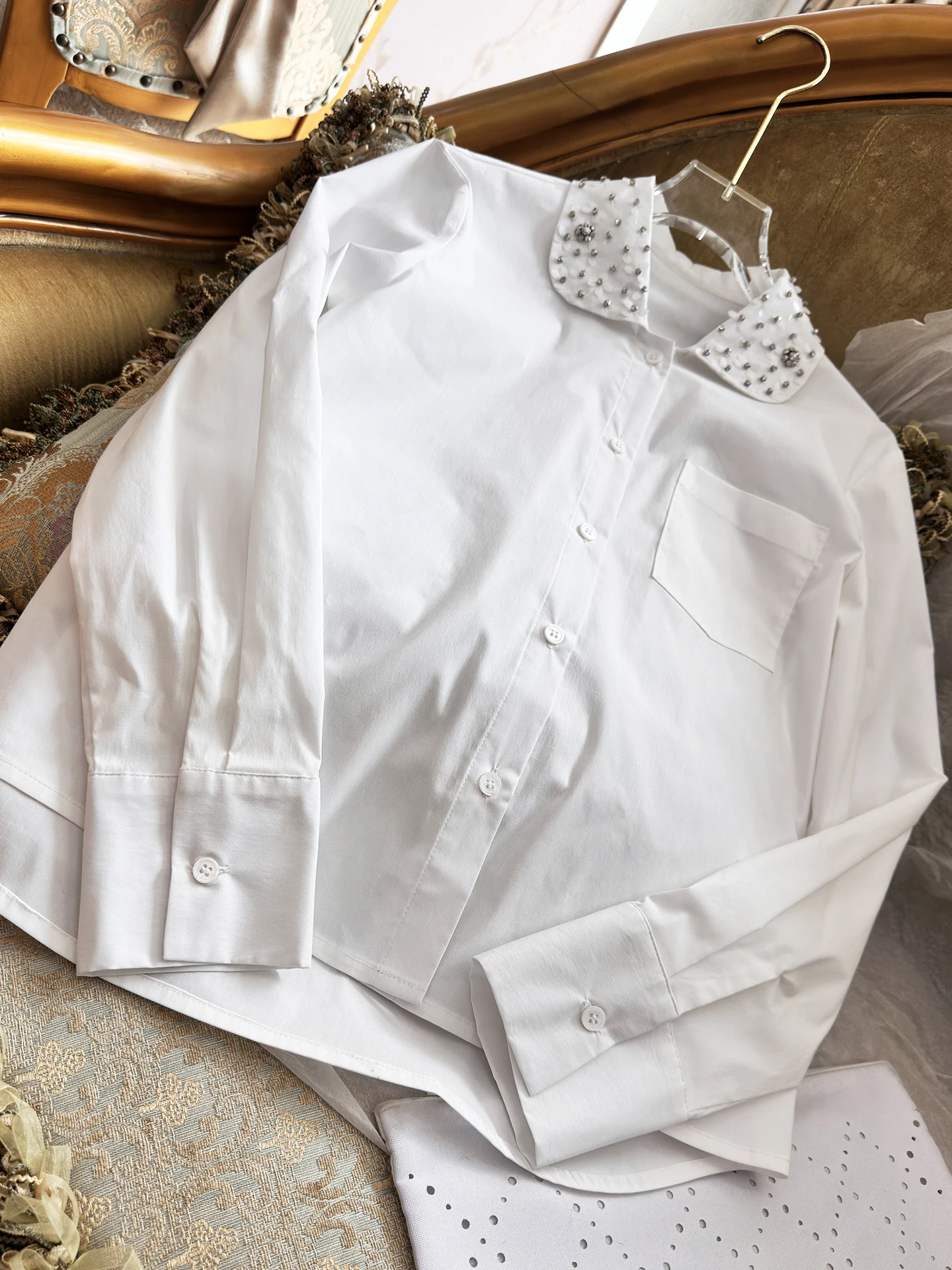Fashion Elegant Heavy Industry Beading Sequin Doll Collar Long Sleeve Single-breasted Loose Versatile White Shirts Blouses Women