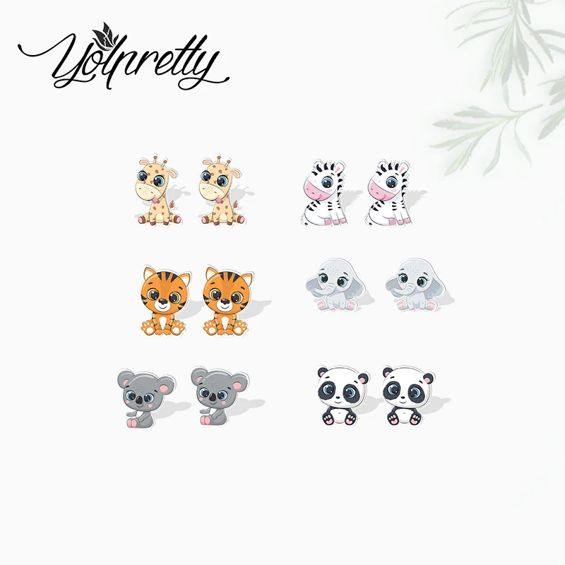 2021 New Arrival Animals Panda Elephant Koala Tiger Zebra Cartoon Handcraft Acrylic Epoxy Stud Earrings