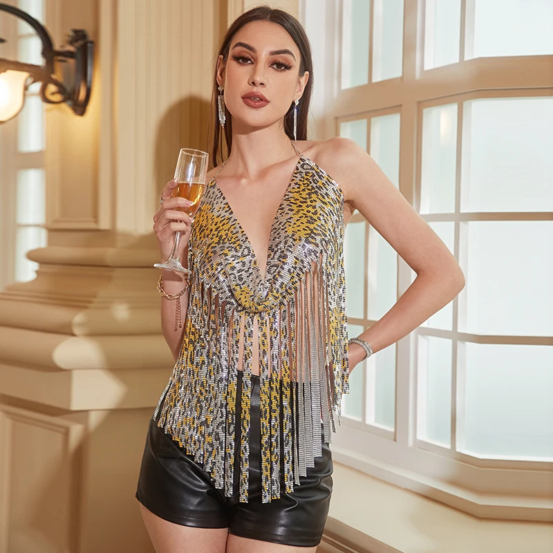 

Leqoel Golden Yellow Sexy Metallic Tassel Top V-Neck Backless Sleeveless Halter Crop Top For Women 2023 Party Dance Club Wear