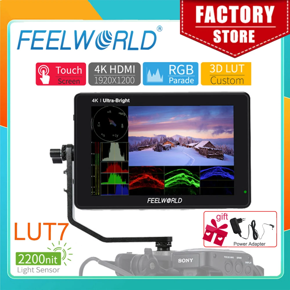 FEELWORLD Camera Field Monitor LUT7 7 inch 2200nits Touch Screen 3D LUT 4K HDMI Monitor with Waveform VectorScope Histogram Mode