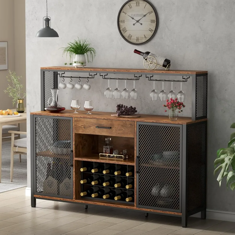 Armadietto per vino con cassetto e luci a LED, armadietto per bar da caffè industriale da 55 pollici con portabottiglie e porta calici in vetro