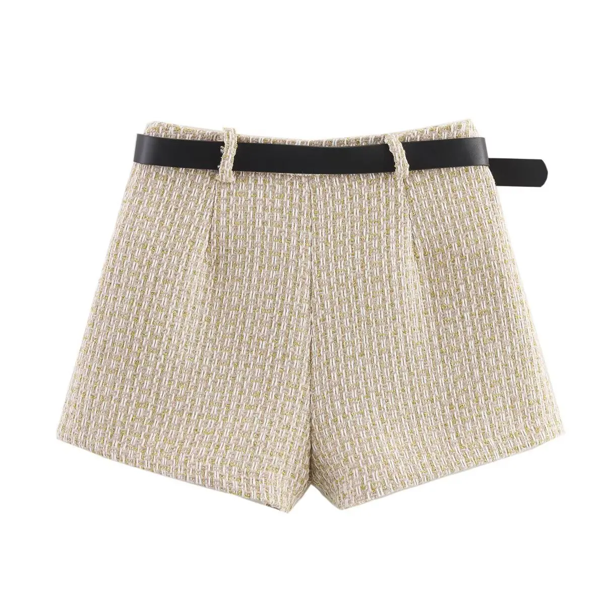 RARA Womens Shorts Tweed Fabric Wrap Design Belted Waist with Decorative Buckle Stylish and Trendy Summer Wear