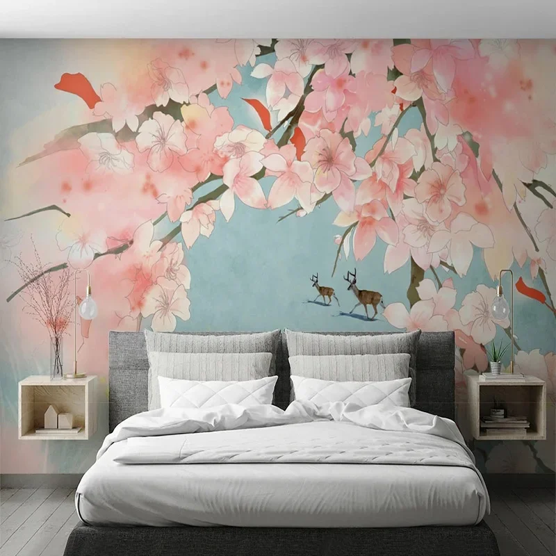 

Custom Mural Wallpaper 3D Modern Hand Painted Peach Blossom Fresh Background Wall Covering Painting Papel De Parede Tapety