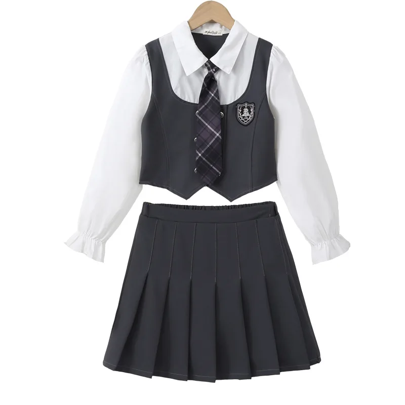 Tenue deux pièces pour écolières, automne coréen, Patchwork, haut à manches longues, jupe plissée, ensembles pour enfants filles